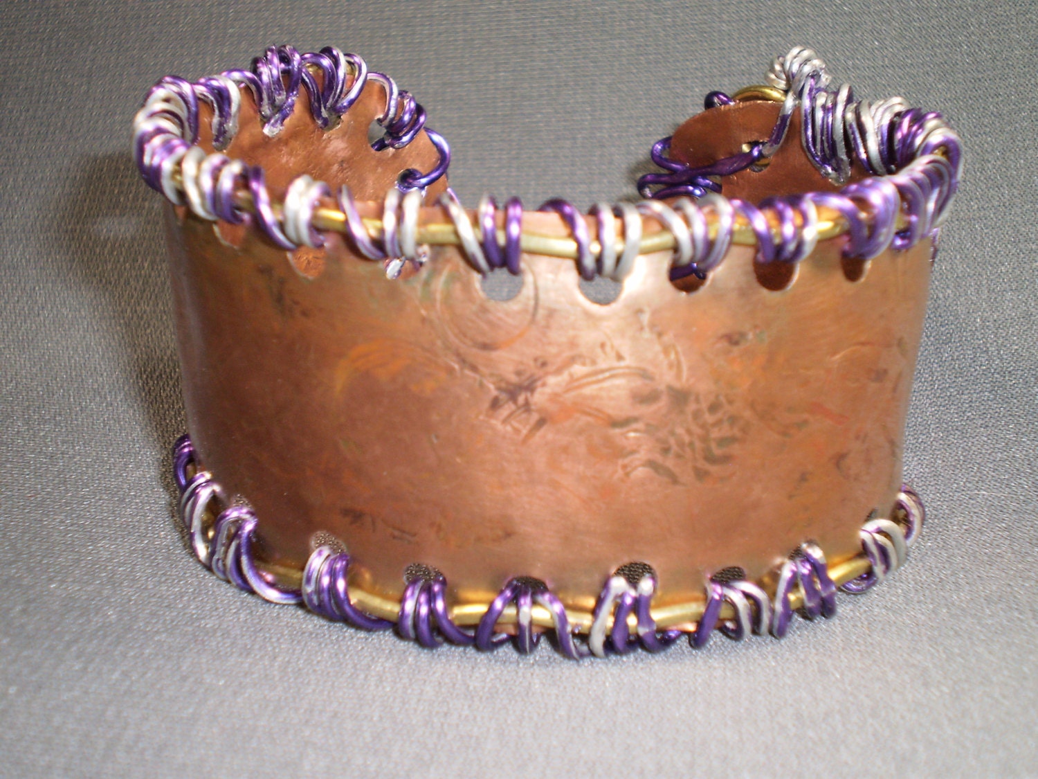 One of a Kind Steampunk Copper Cuff: Mixed Metal Wrist Cuff Bracelet With Purple