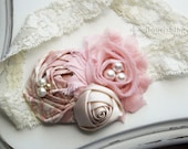 Vintage Pink and Cream Rosette headband, pink flower headbands, cream headbands, baby headbands, newborn headbands, photography prop