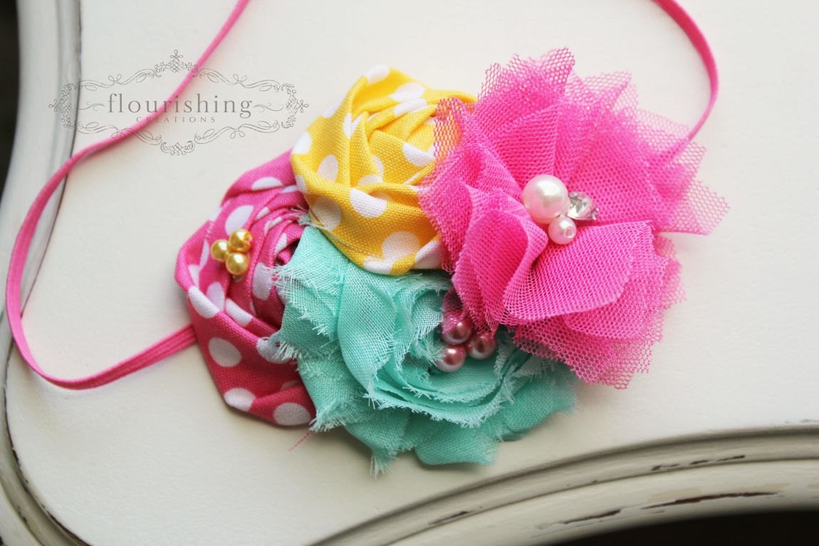 Summer Sweetness- Seafoam, Pink and Yellow headband, pink headbands, rosette headbands,newborn headbands, summer headbands,photography prop