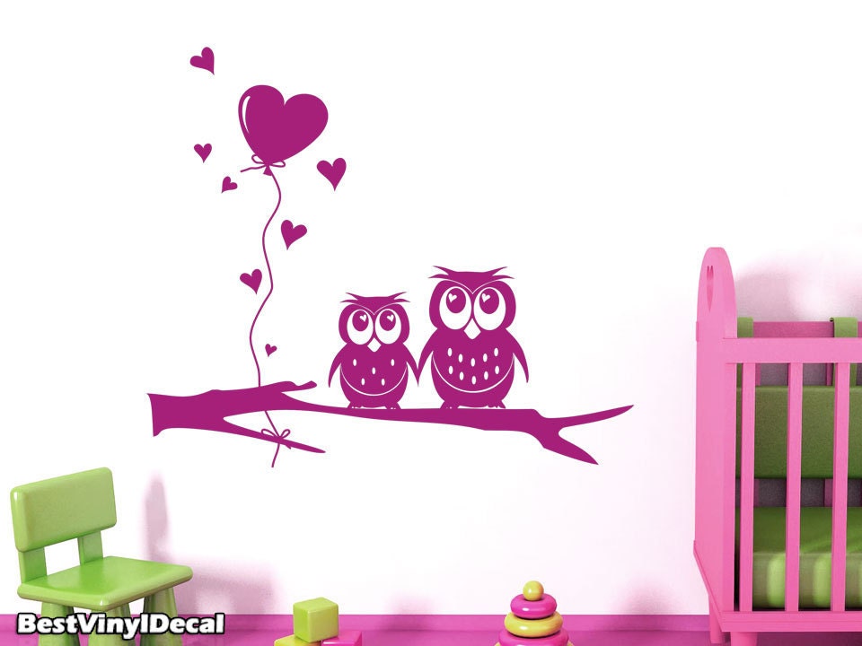 Vinyl Wall Decal Nature Design Wall Decals Wall stickers Nursery wall decal wall art- Owls on branch with heart ballons z031