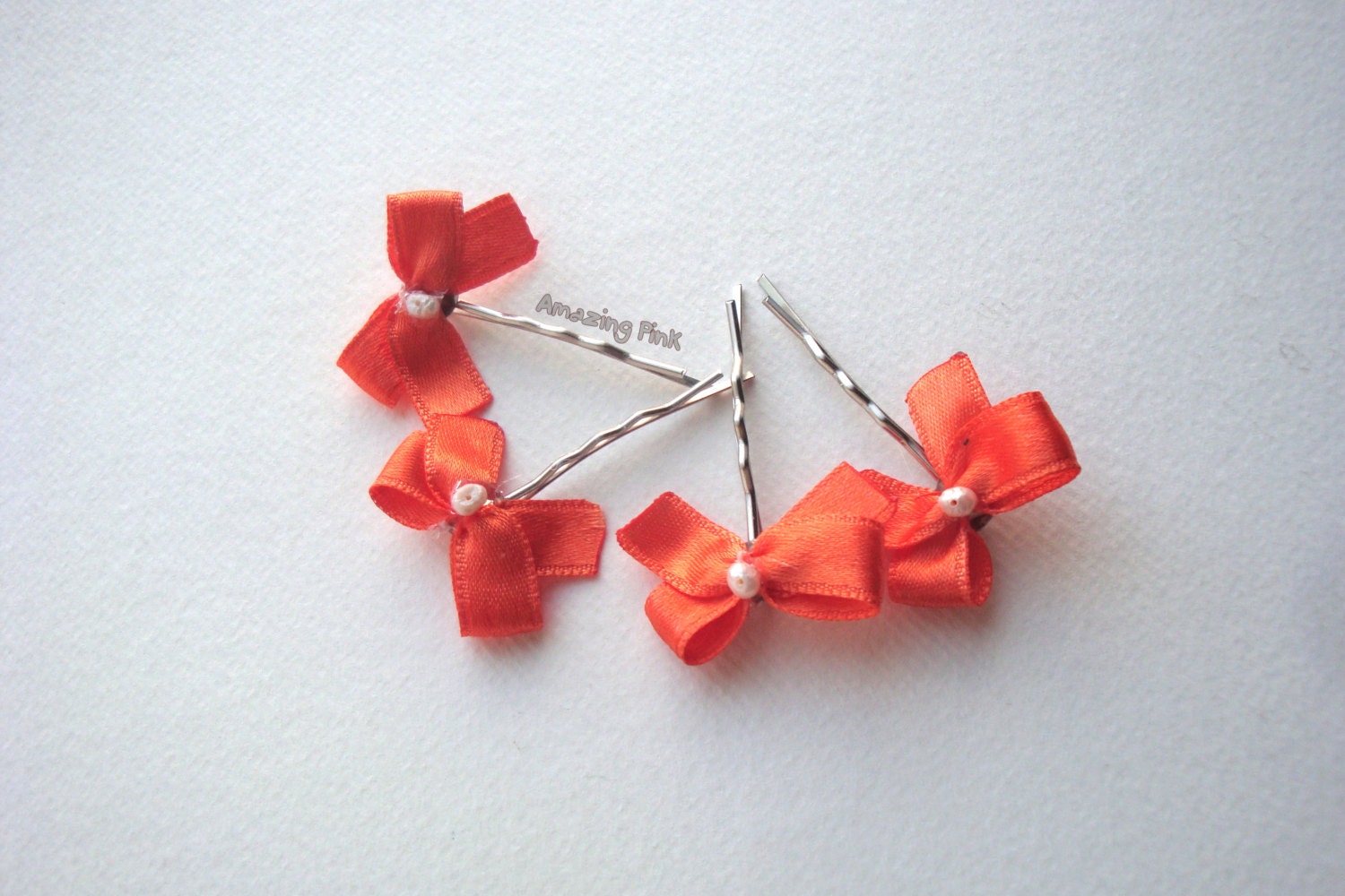 Bow Hair Pins / Bridal Hair Accessory /Orange Bow With Pearls on 2" silver bobby pins / Set of 4 - AmazingPink