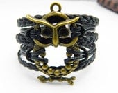 Ancient silver OWL Bracelet,Charm Bracelet, Leather Bracelet,adjustable bracelet-black wax rope leather braided bracelet