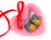 Heart ornament felted owls - Needle felted Owl couple - Cute Pink heart ornament