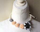 Mothers Day SPRING Wedding Flower Brooch Statement Necklace in Black, Peach, Cream & White Jewelry by ZILLAS QUEEN