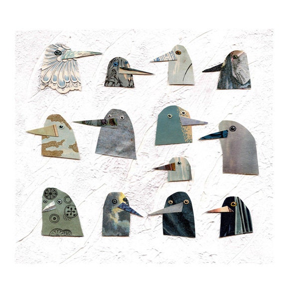 birds I have known 1, birds, bird heads, blue birds, mixed media birds, mixed media collage, mixed media print