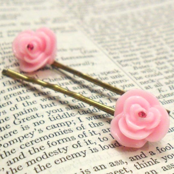 Bridesmaid Pink Flower Hair Clip Bobby Pins with Rhinestone