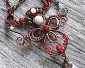 Whimsical  Red Wire Necklace - Wire Wrapped Copper Necklace - Filigree Necklace Pendant -Coral and Glass - Mystical Victorian Gothic
