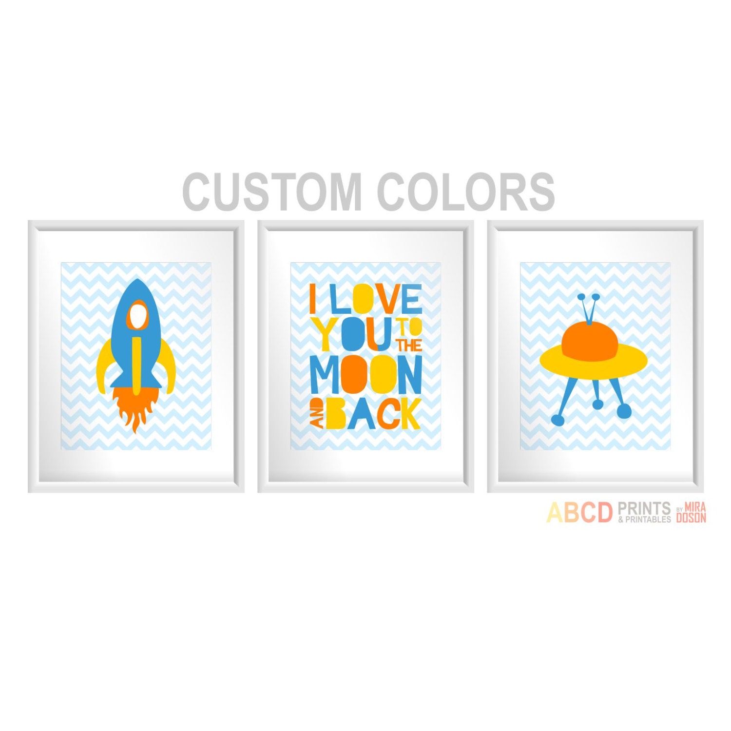 Outer Space Art Print Set "I love you to the moon",  Set of 3 8x10