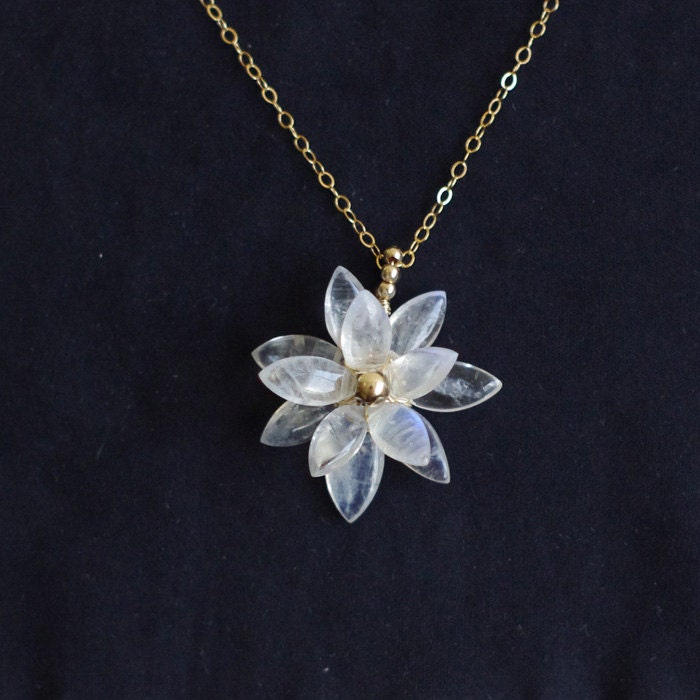 Lotus blossom necklace with rainbow moonstone, 14K gold filled--June birthstone. N002