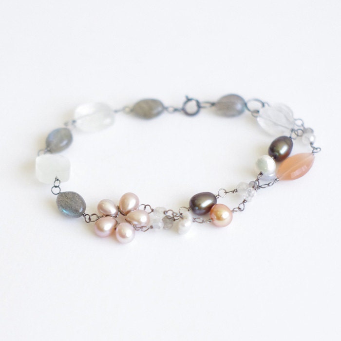 Blossom Bracelet with moonstone, labradorite, crystal quartz, fresh water pearls, rainbow moonstone, Oxidized Sterling silver. B006