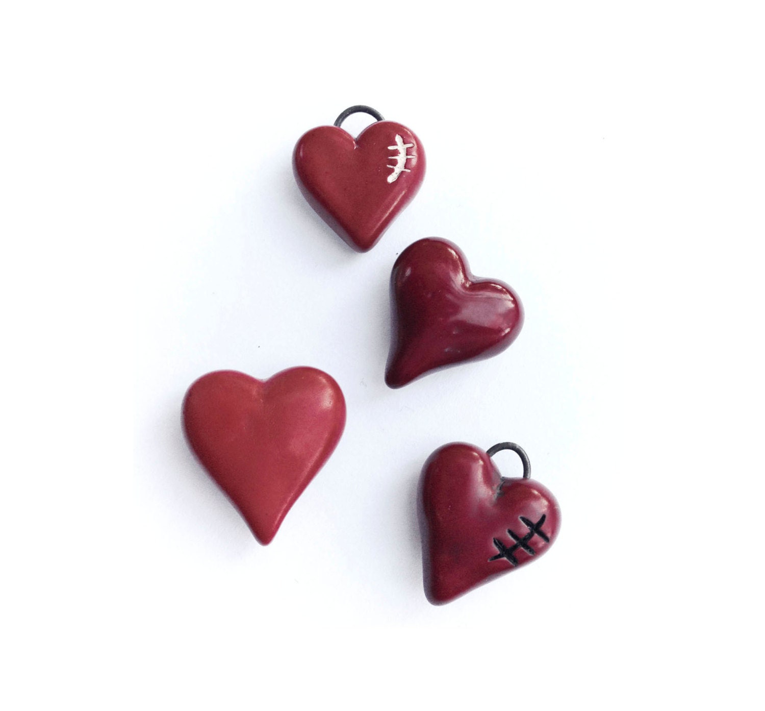 Red Polymer Clay Love Hearts, Stitched Hearts and Broken Hearts
