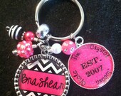Personalized Black & Pink Chevron Double Pendant Keychain, Beaded Keychain, Chevron Keychain, Bezel Pendant Keychain