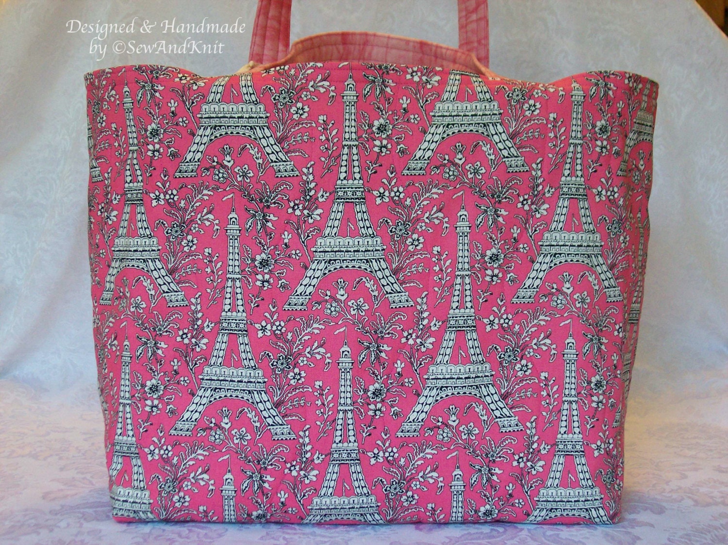 Eiffel Tower Shopping Bag, Market Bag, Craft Bag, Purse in Paris Inspired Pink & White Toile Cotton Fabric