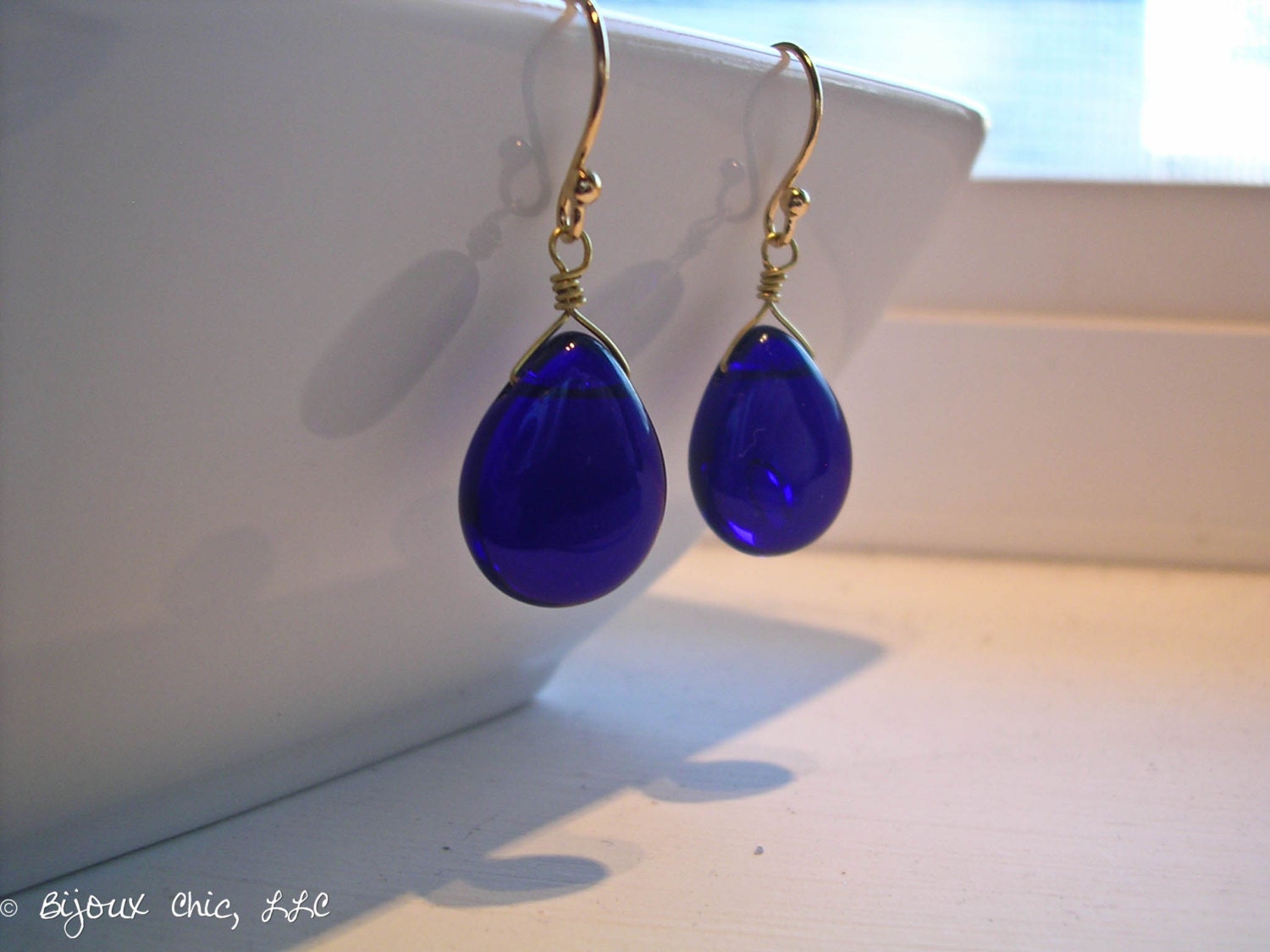 Cobalt Blue Glass Teardrop Earrings, Blue Earrings, Deep Blue, Gift, Wedding