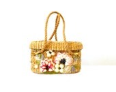 Vintage 60s Basket Purse Flower Embellished Handmade in the Phillipines