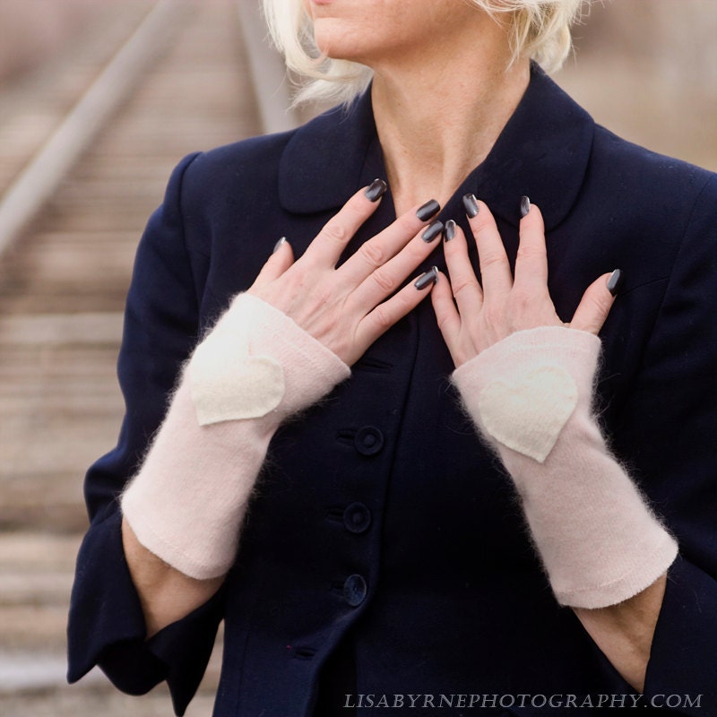 Light Hearted: Heart adorned angora blend arm/wrist warmers, pink, felted, fingerless gloves, up-cycled, handmade