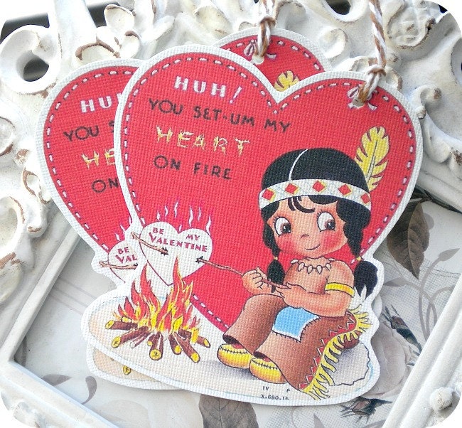Vintage Indian Girl at Campfire Valentine Tags - Set of 4 - Vintage Inspired - Cottage Shabby Chic - Valentine's Day