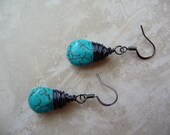 Gunmetal Wire Wrapped Turquoise Earrings