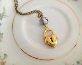 Gold Heart Locket Necklace. Vintage Style. Brass. Gray. Blue. Iridescent Bead. Key. Keyhole. Romantic. Under 20.