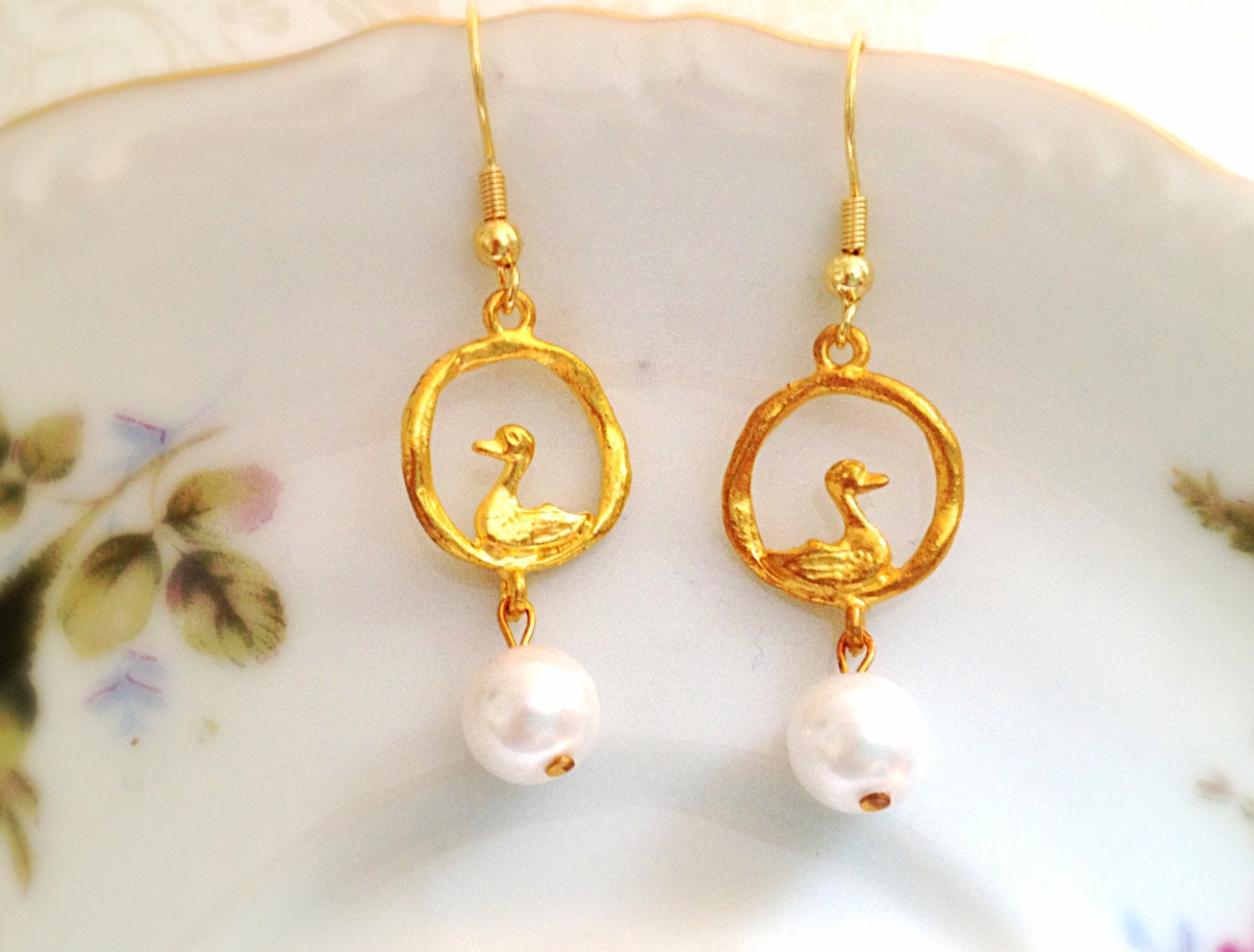 Golden Duck Dangle Earrings. Gold Tone Hoops. Miniature Ducks. Bird. White Pearl. Dainty. Whimsical. Under 15. Gifts for Her.