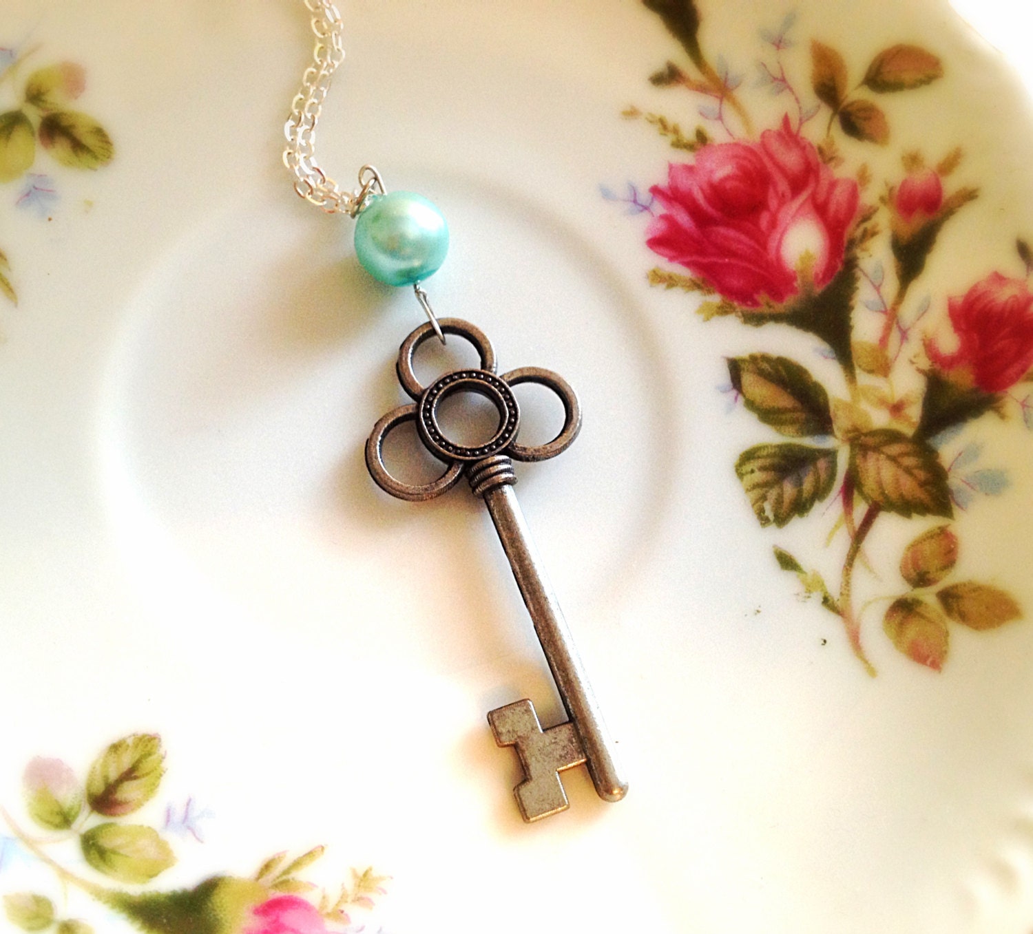 Romantic Key Necklace. Vintage Style. Silver. Aqua Mint Green Pearl. Romantic. Love. 10 Dollars. Gifts for Her. Shabby Chic.