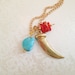 Gold Horn and Red Coral Necklace. Turquoise Colored Magnesite Stone. Natural. Boho. Gold Tone Chain. Summer Natural. Unique. Gifts.