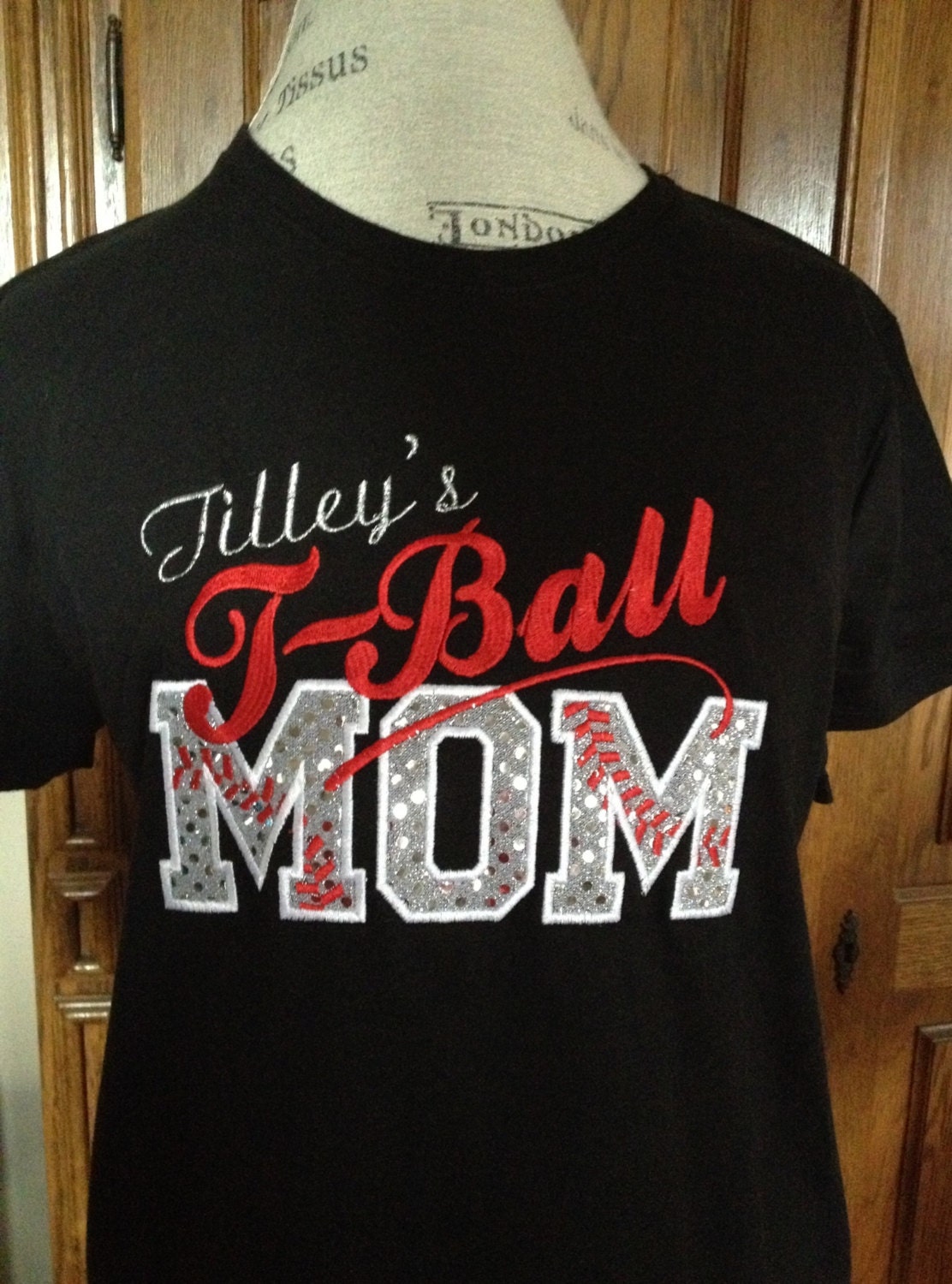 T-Ball Mom T-Shirt - Bling Sparkle Baseball Applique - Personalized Embroidered - Custom Team Shirt