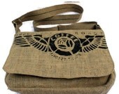 Eco- friendly upcycled coffee sack  burlap   Black  unisex messenger laptop bag with  Wings image
