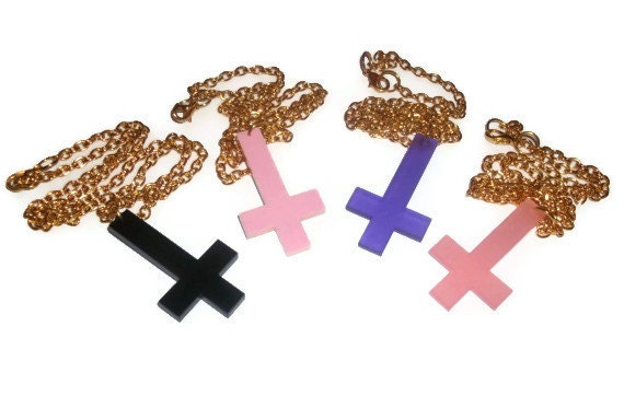 Inverted Cross Necklace, Choose Black, Purple or Pink Laser Cut Pendant, Kawaii Pastel Goth