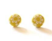 Earrings / Bright Yellow flowers / Fabric Cover Buttons on surgical steel posts
