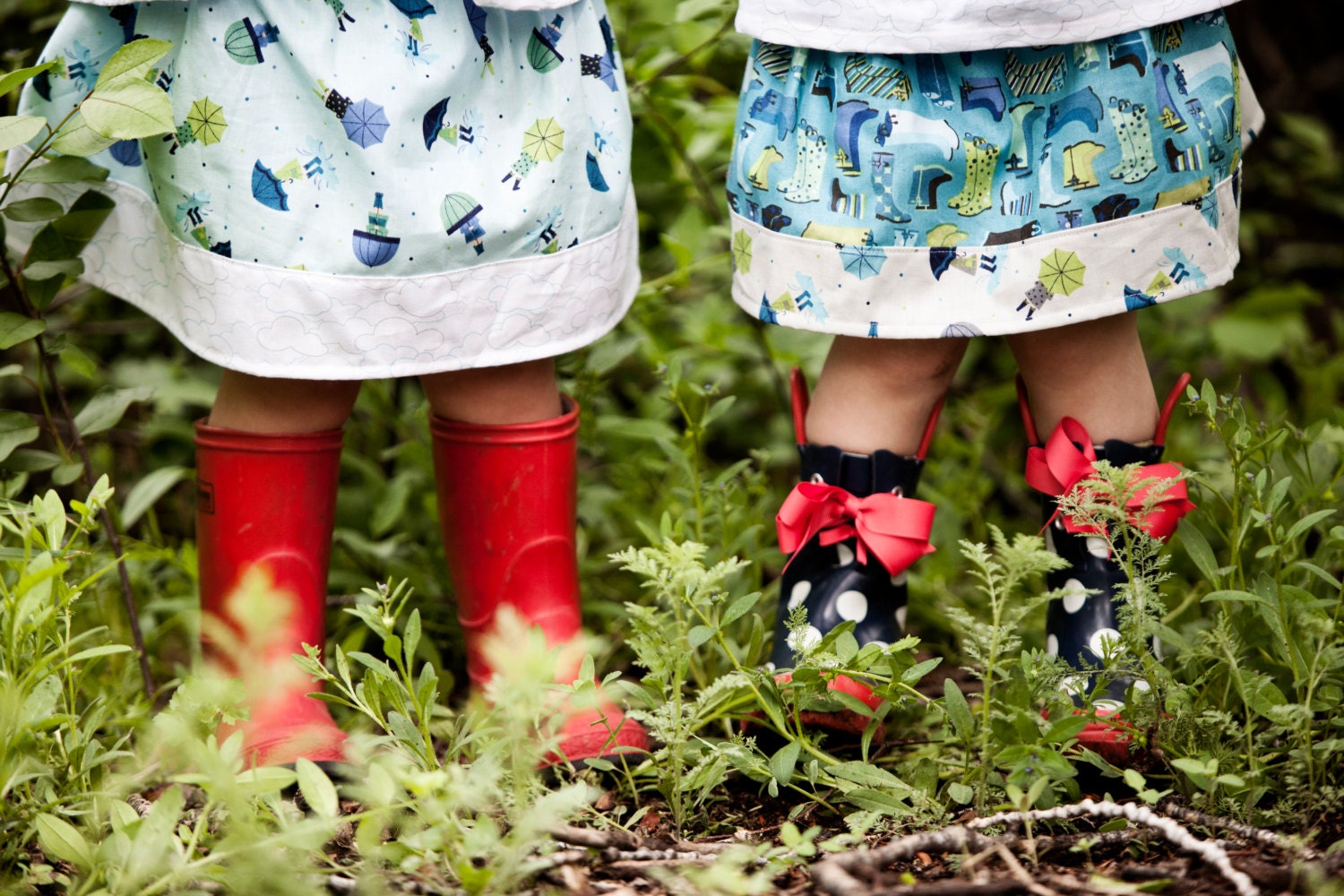 Girls Rainy Day Skirt / Rain boots and umbrellas in blues and greens / 6 months to 10T / Made to Order