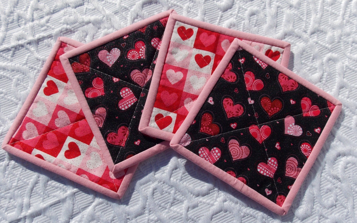 Hearts Quilted Coasters - Set of 4 - Pink, Red, Black, Hearts - Mini Quilts