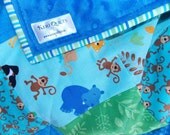 Baby Boy Quilt Blanket  Zoo Animals Giraffe Lion Zebra Monkey  Green Blue Minky