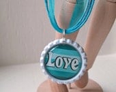 Blue Hues Striped Love Bottle Cap Necklace, Blue Organza Ribbon