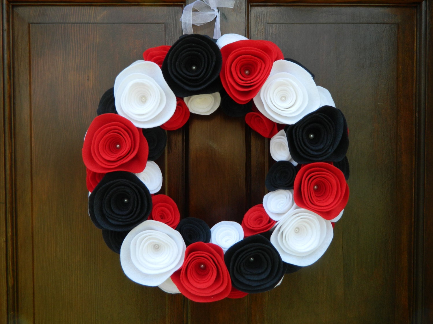 Flag Wreath - Red, White and Bule Wreath - Felt Flower Wreath with Pearls in the Centers of the Large Flowers - 14 Inch