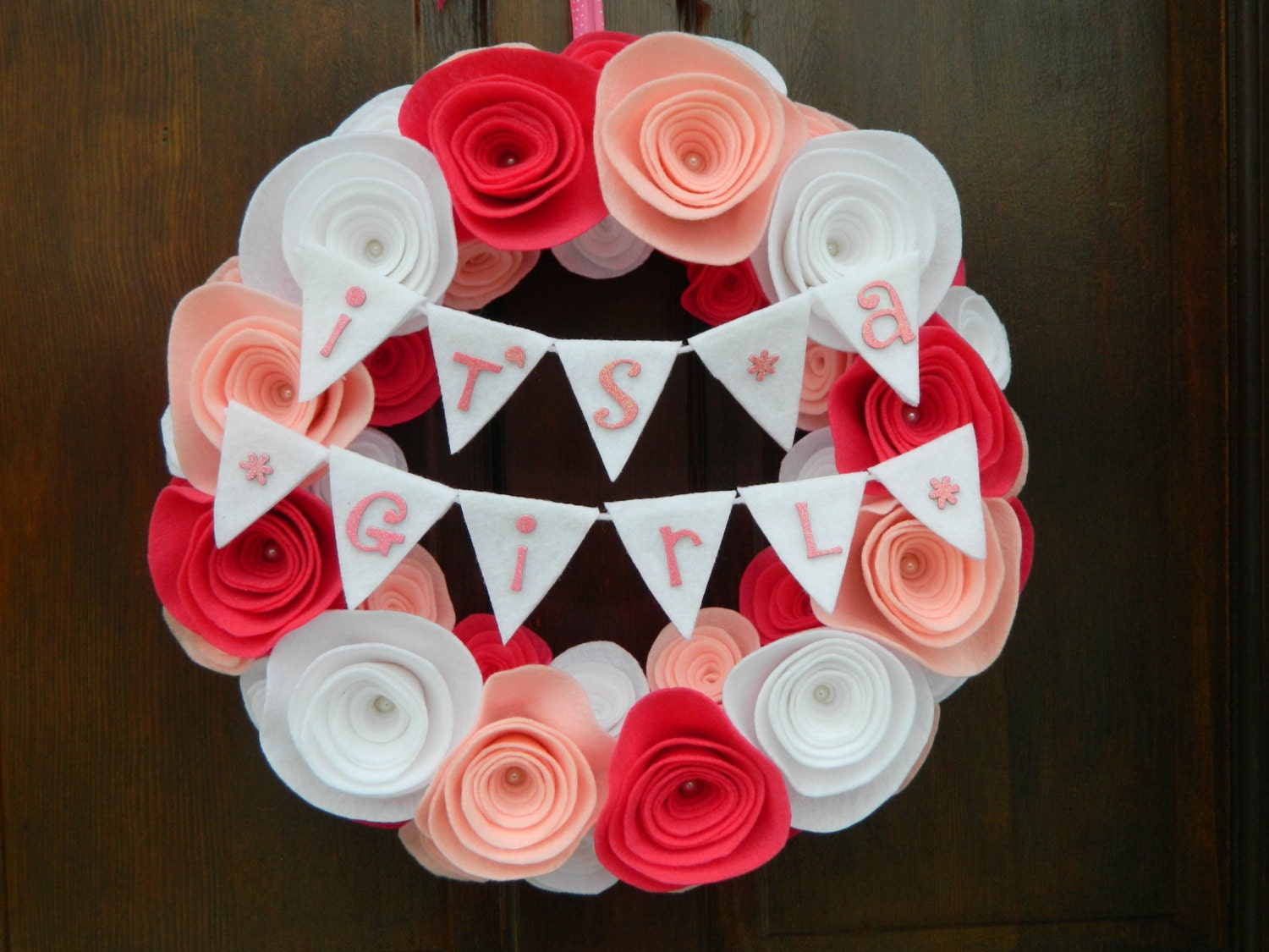 Baby Wreath - Nursery Wreath - It's A Girl Pendant Bunting Felt Flower Wreath in Pink and White with Pearls