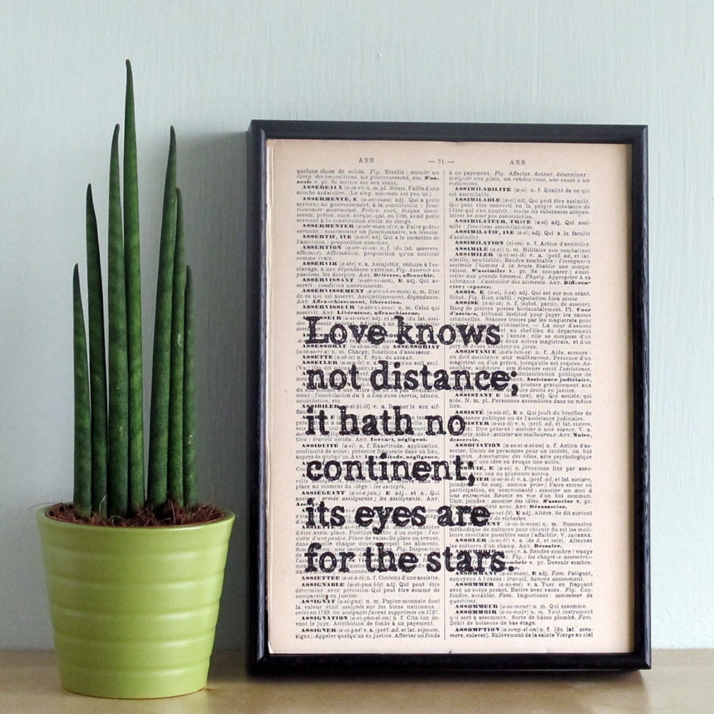 Framed Typographic Art "Love Knows Not Distance......" Vintage Book Print, Dictionary Print, Shabby Chic Art Print, Recycled Book Print
