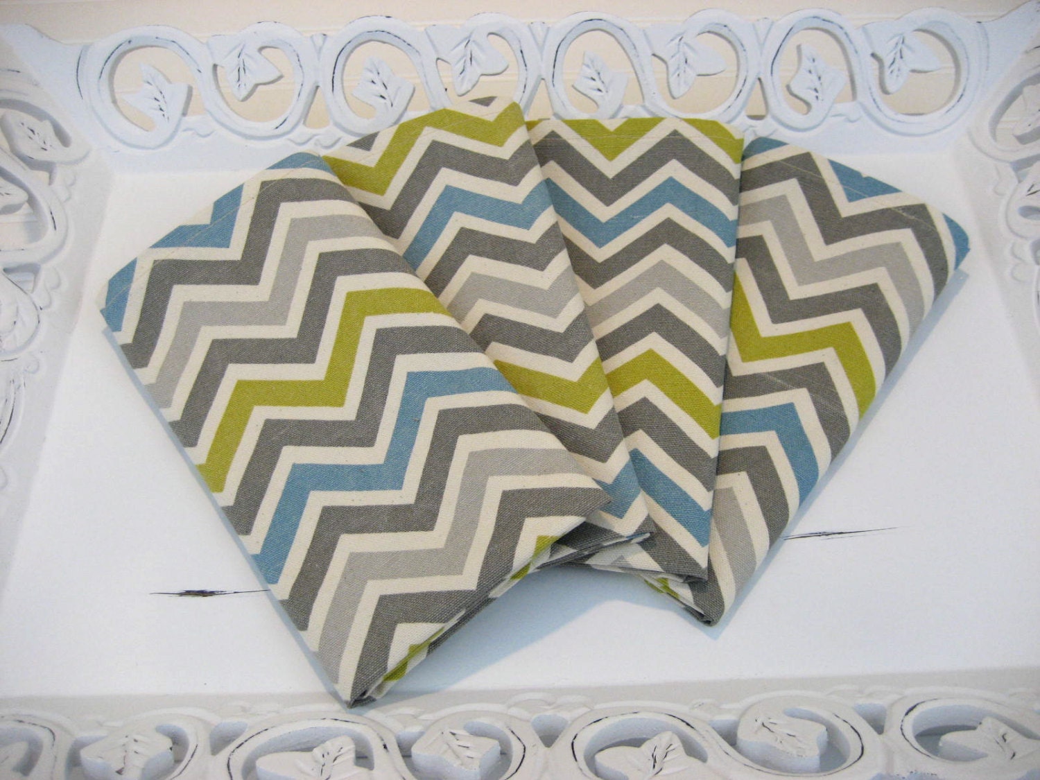 Fabric Dinner Napkins Gray Teal Chevron Stripe Set of 4