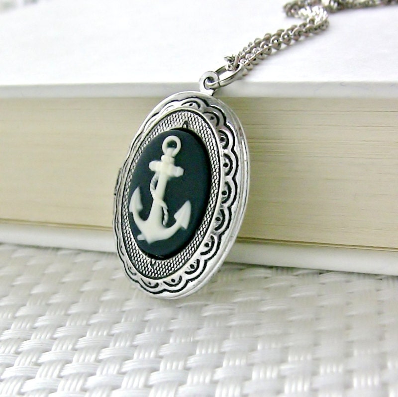 Silver Locket Necklace with Navy Anchor Cameo Nautical Rockabilly Steampunk Locket