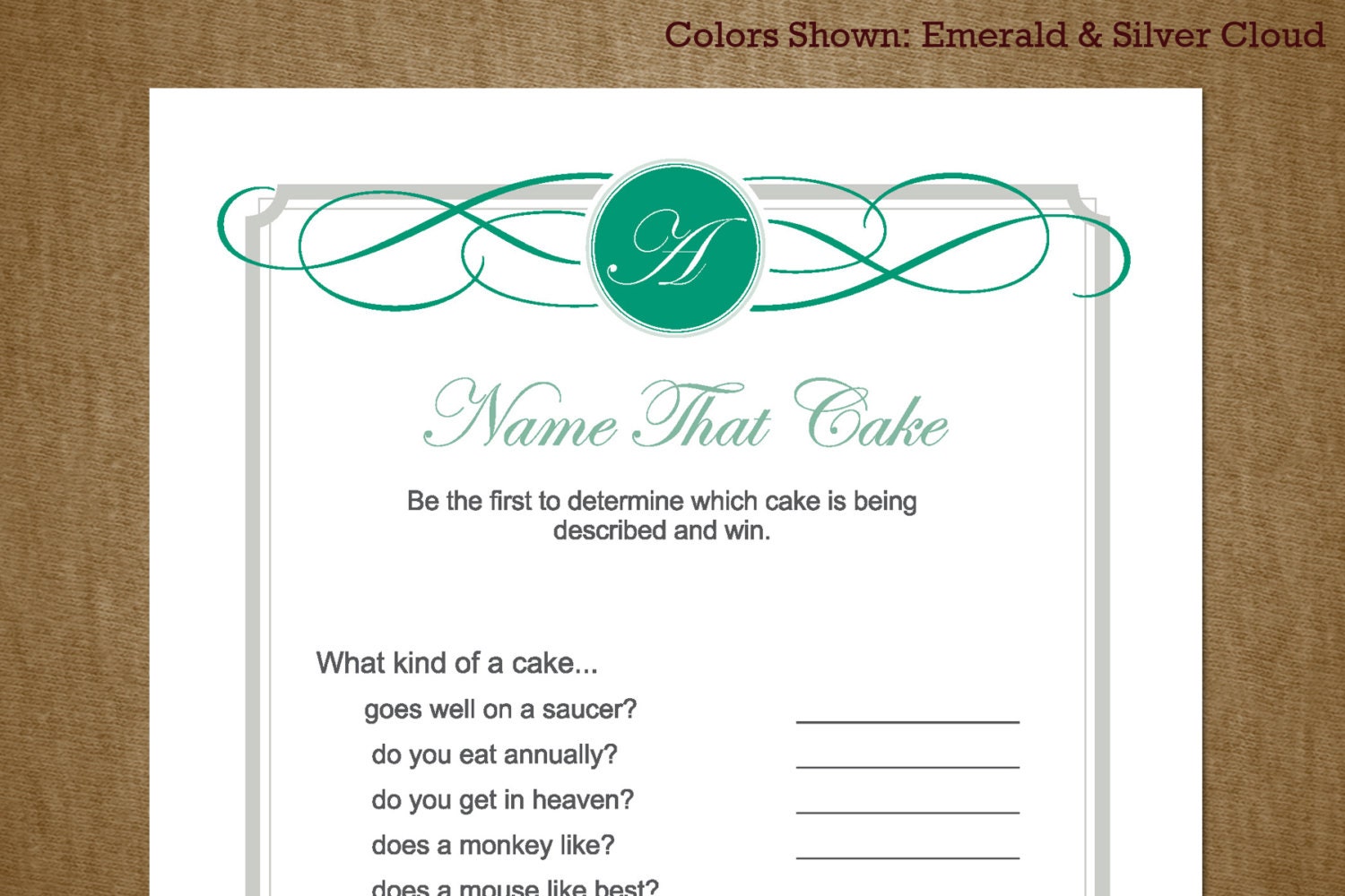 Name That Cake Bridal Wedding Shower Printable Custom Game with Monogram