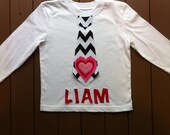 Custom children's clothing. Boys personalized Valentine tie shirt with name.  Black white chevron. Red pink heart. By EverythingSorella