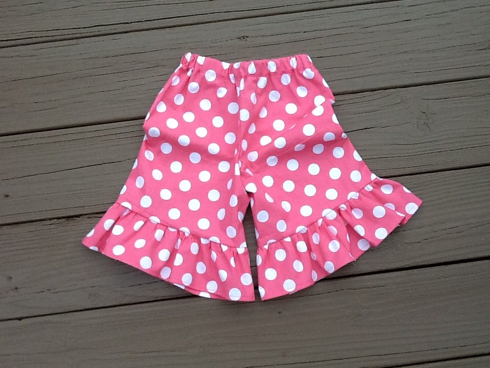 Girls ruffle knee shorts, capris, or pants. Pink white or any color polka dot. Custom boutique children's clothing by EverythingSorella.