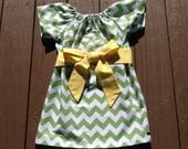 Girls Little Peasant Dress with fabric sash detail. Green white or any chevron fabric. Custom children's clothing. By EverythingSorella