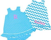 Girls aqua turquoise polka dot and chevron reversible a line dress romper and bloomer set with monogram