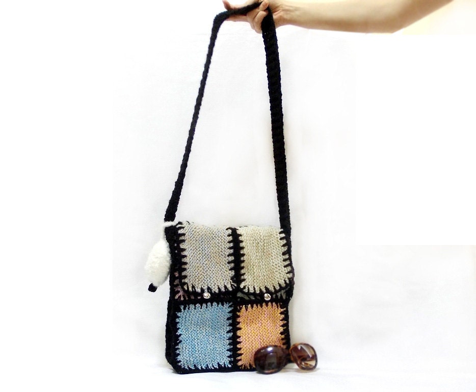 Free Shipping-ON SALE-messenger bag-Purple,blue,pink,Multicolor-Black Cable- Colorful- Tablet bag, Square pattern, Knitting square bag