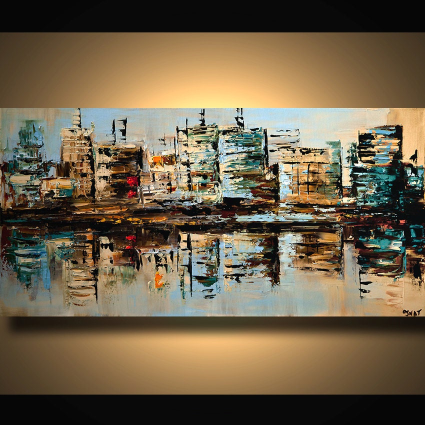 ORIGINAL City Acrylic Painting Modern Palette Knife Abstract Painting The Blue Building by Osnat