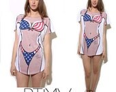 90s NOVELTY trompe l'oeil cover-up ironic body print patriotic sparkle american flag bikini bathing suit beach tee oversized tunic shirt OS