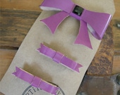 Leather Purple Hair Bow Barrette Set with Swarovski Crystal and Two Mini Bow Clips