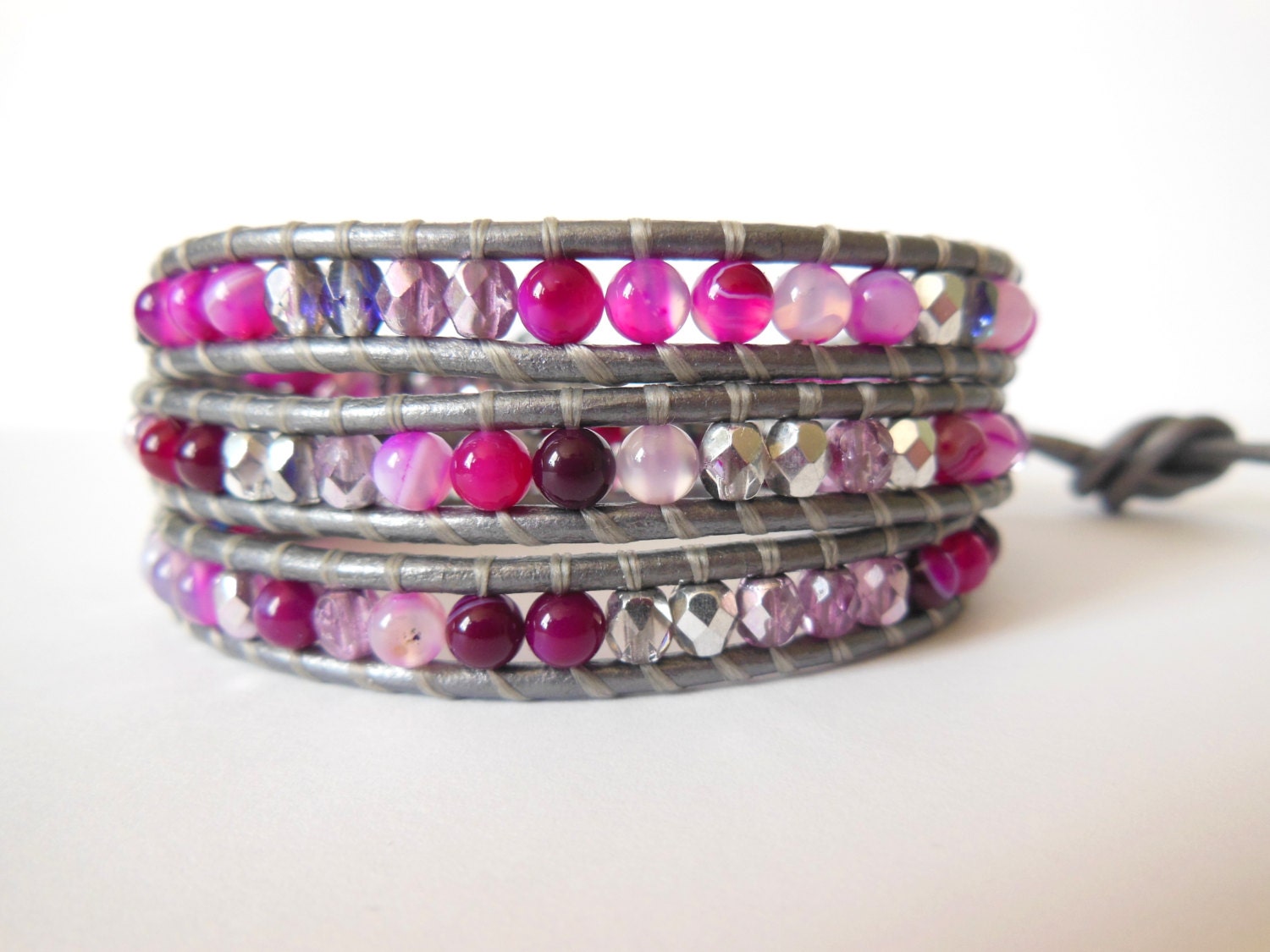 Purple Stripe Agate Leather Wrap Bracelet with Czech Glass Beads