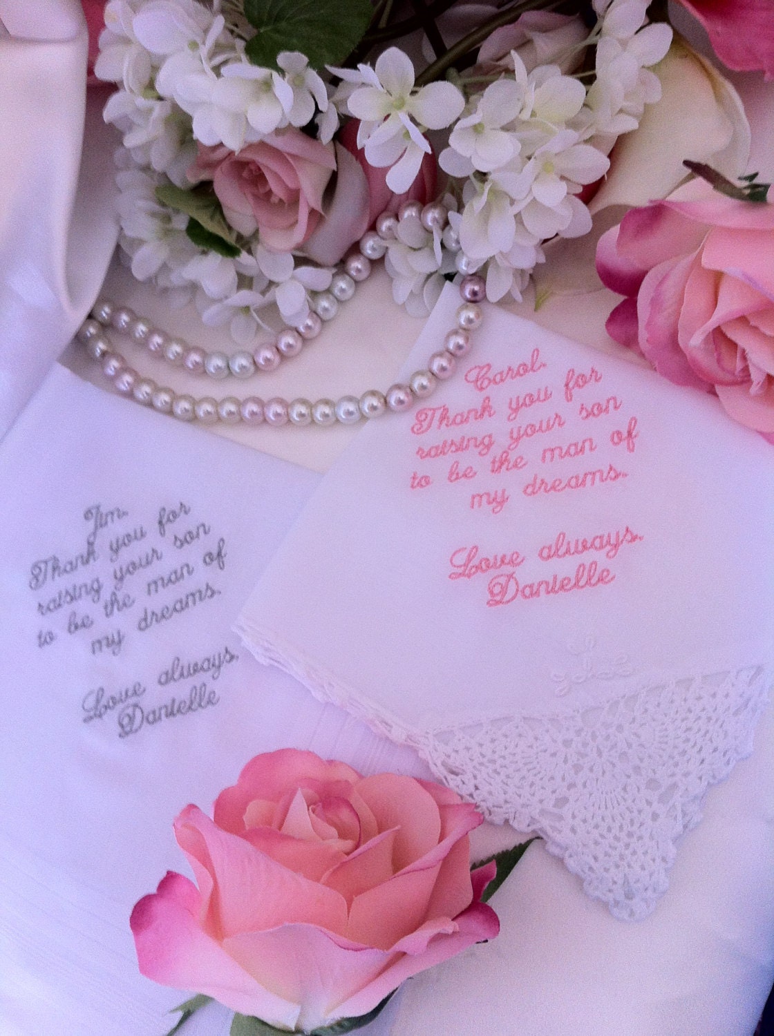 A gift set from bride to her future husband's parents Mother of groom and father of groom set of handkerchiefs
